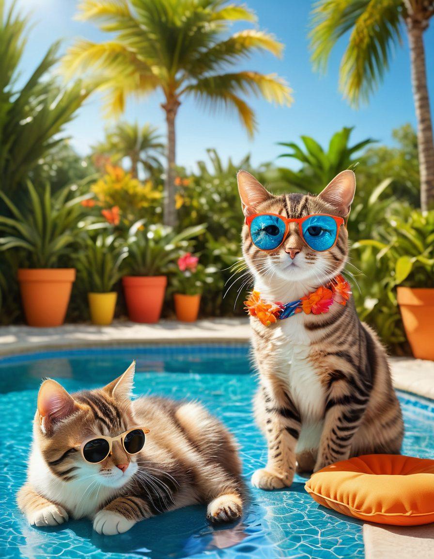A vibrant summer scene featuring stylish swimwear with feline motifs, like cat prints and whisker patterns. Include playful kittens lounging by a pool, wearing sunglasses, and tropical plants in the background. The swimwear should be colorful and trendy, capturing the essence of summer fun. Bright sunlight creates a cheerful, inviting atmosphere. super-realistic. vibrant colors. sunny background.
