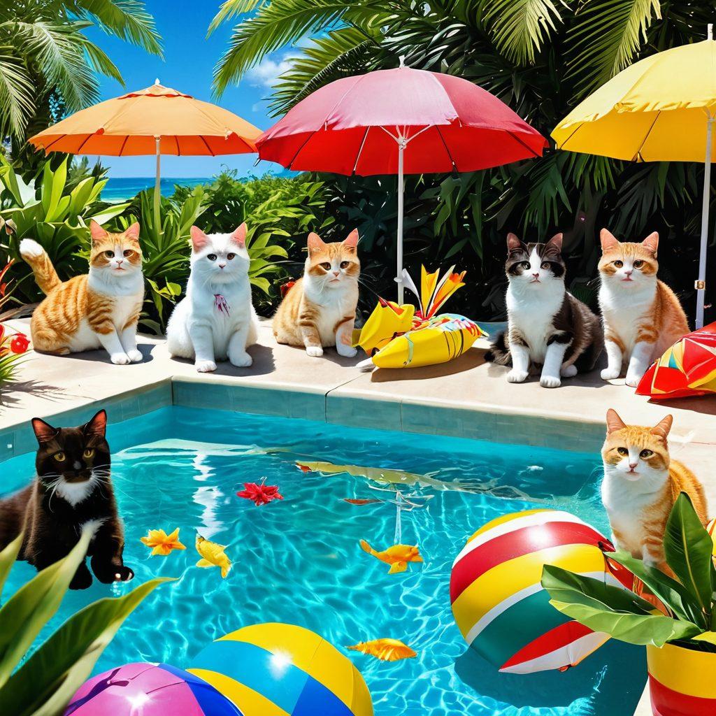 A playful scene featuring fluffy cats wearing colorful summer swimwear, lounging by a sunny poolside surrounded by tropical plants and beach toys. One cat jumps joyfully into the water while others sip drinks under small umbrellas. Bright sunlight casts sparkling reflections on the water, creating a cheerful atmosphere. Emphasize vibrant colors and a lively, fun environment. super-realistic. vibrant colors. cheerful tone.